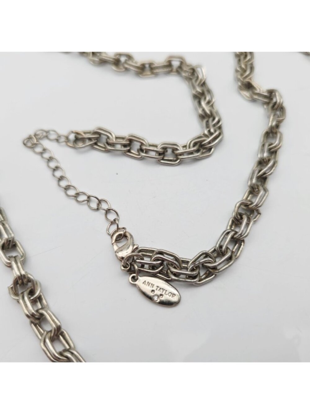 Ann Taylor Silver-Tone Necklace Rhinestone-Encrusted Barrel Pendant 16" Drop - Picture 3 of 9